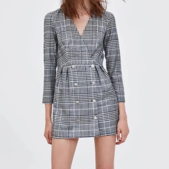 ZARA TRF Preppy Plaid Double Breasted Buttons Blazer Style Longsleeve Mini Dress - Picture 1 of 9